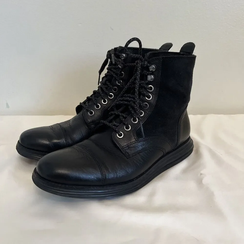 COLE HAAN Mens Leather Lunargrand Lace Waterproof Ankle Boots, Black- Size 7.5